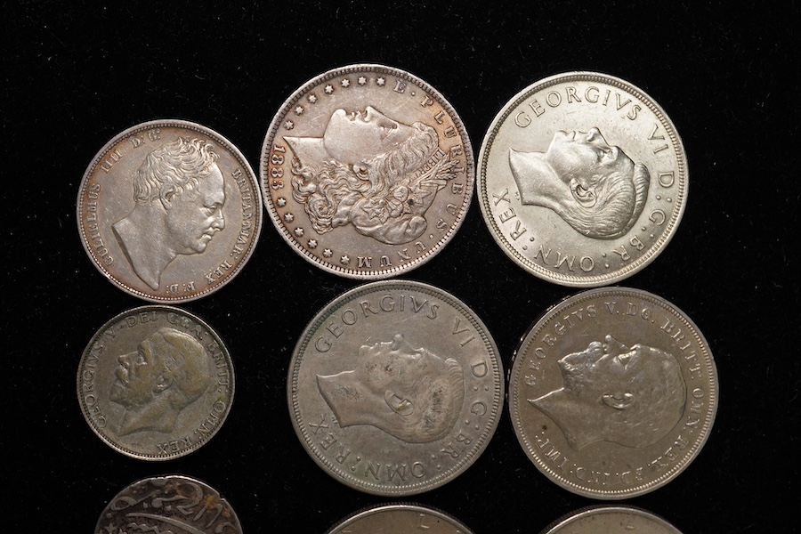 British and world silver coins, to include George IV shilling 1825, VF, George III sixpence 1787, EF, William IV halfcrown 1836, VF, George III to Victoria Maundy money; 1763 3d, 1842 2d and 1d, 1828 1d, 1845 1 1/2d toge